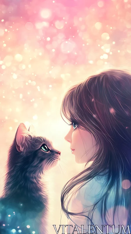 Girl and cat share a dreamy gaze in pastel sparkle light