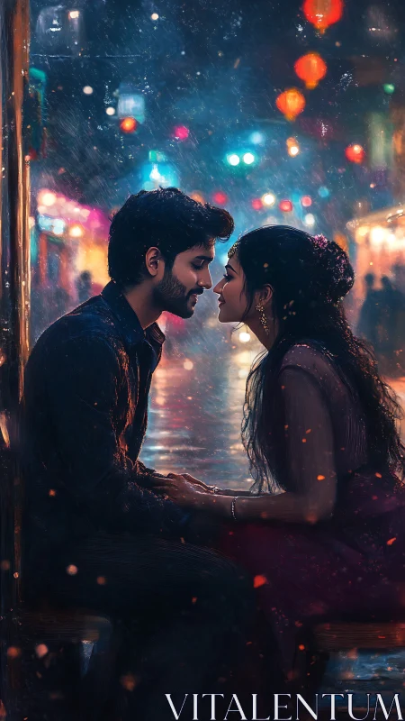Urban Romance Beneath Neon Rain and City Lights