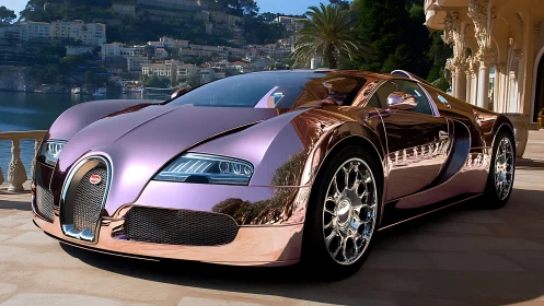 Chromed rose hypercar on Mediterranean waterfront terrace