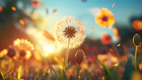 Delicate Dandelion Seed Head Glows in Golden Sunlight