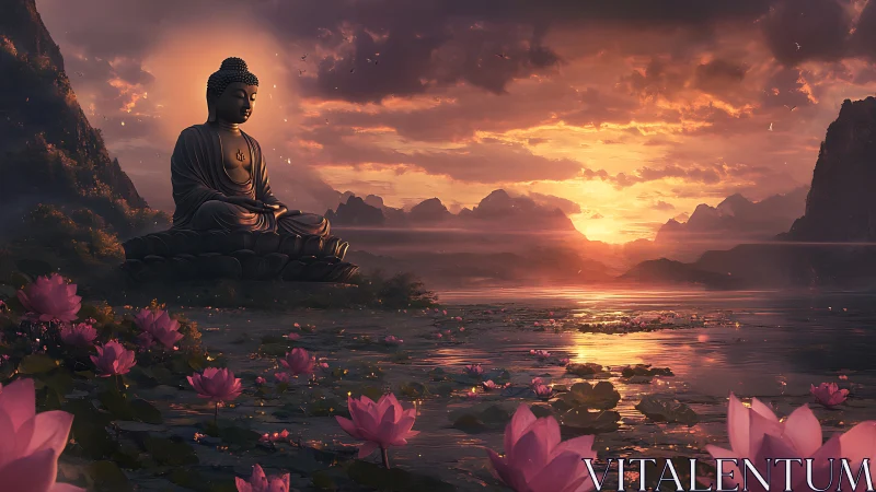 Sunset-illuminated Buddha statue over lotus lake in detailed 3D rendering