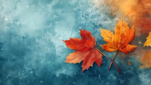 Autumn maple leaves drift across vivid blue watercolor field.