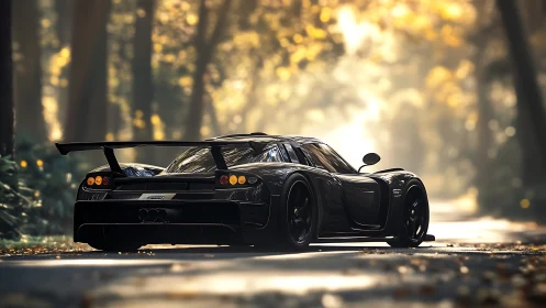 Photorealistic supercar render with cinematic forest bokeh lighting.