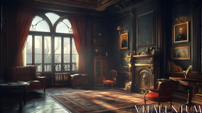 Velvet-quiet Victorian study where dusk rehearses secrets.