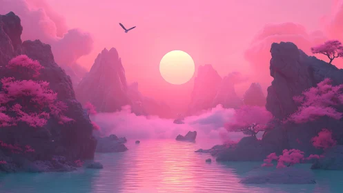 Neon cherryblossom fjord under candyfloss sunrise hush.