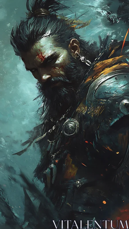 Battle-scarred warrior turns downward amid swirling embers