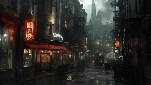 Rain-soaked cyberpunk alleyway illuminated by moody neon signage