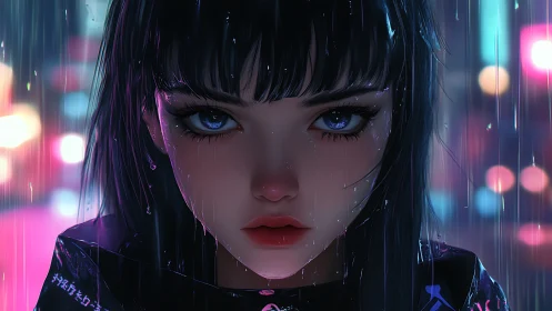 Digital portrait depicts girl in rain with neon city lights
