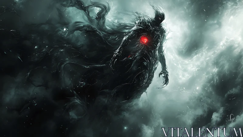 Cosmic shadow wraith drifts through stormlit nebulae.