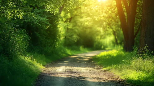 Sunlit forest pathway with lush greenery in serene morning light.