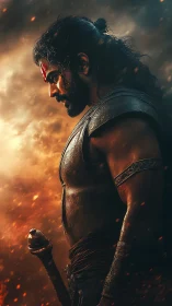 Warrior in profile amid sparks and smoke stands armed.