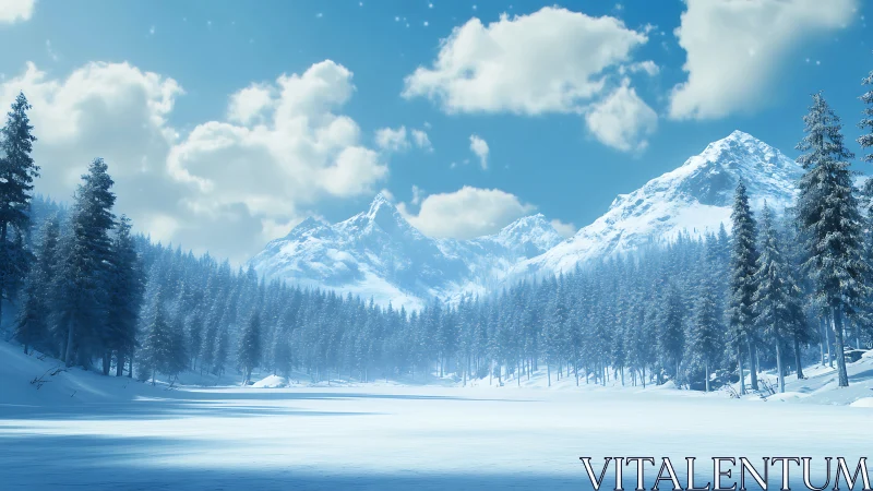 Snow-covered alpine forest surrounds frozen mountain lake