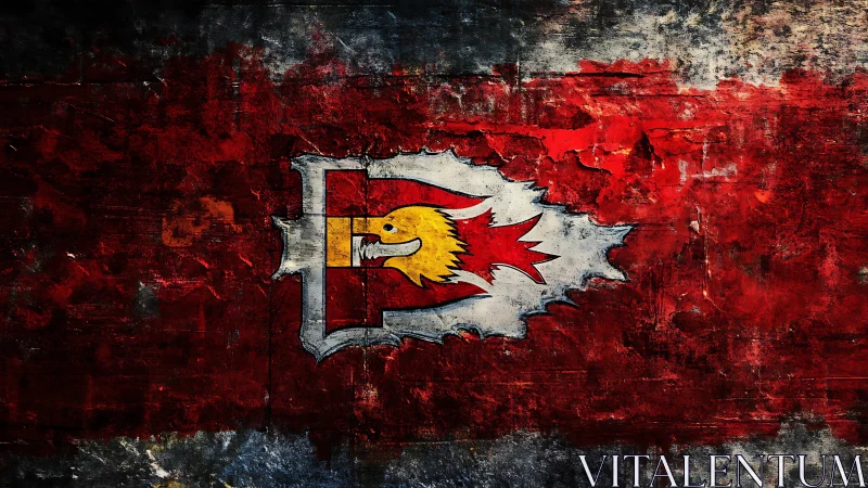 Weathered red wall with stylized flame bird emblem centered.