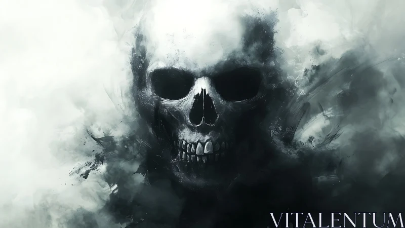 Human skull emerges from swirling monochrome smoke cloud