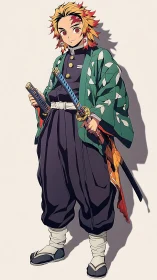 Flame-haired anime swordsman poses confidently in uniform.