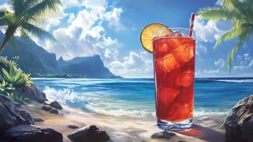 Tropical Beach Beverage Against Scenic Coastal Landscape