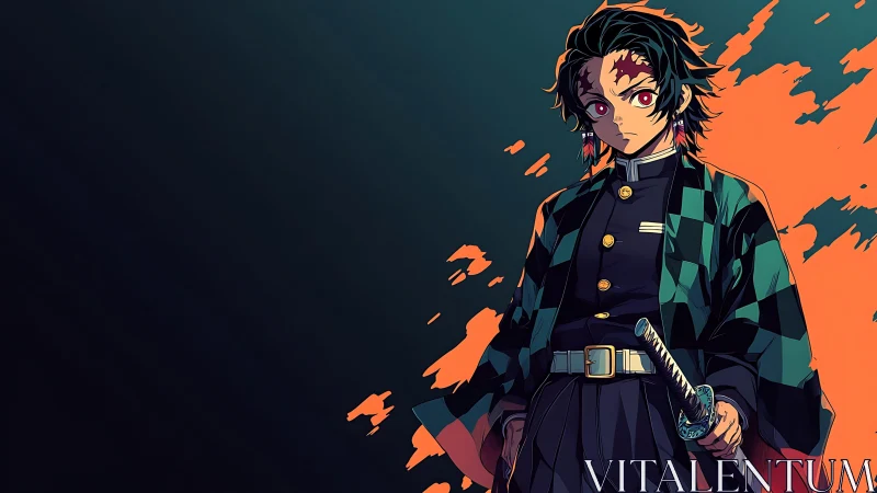 Anime swordsman portrait framed by bold diagonal color split