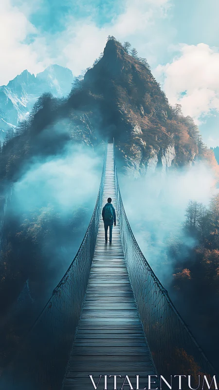 Solitary traveler crossing a misty bridge toward calm peaks.