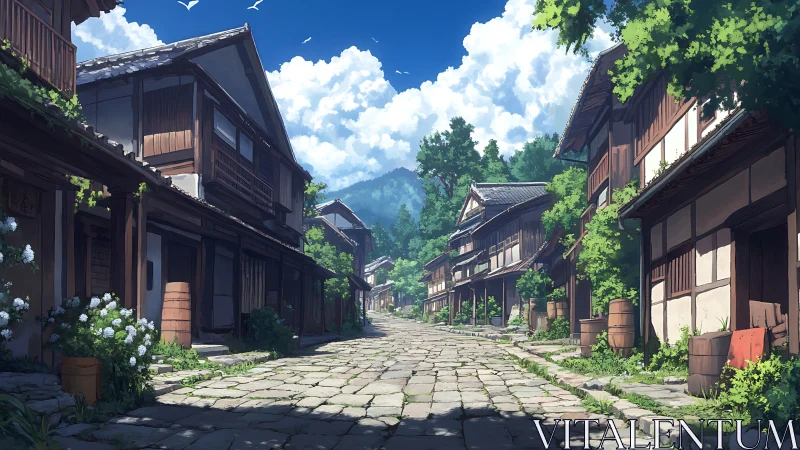 Traditional wooden street extends toward distant forested hills