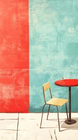 Minimalist patio chair beside bold red turquoise wall.