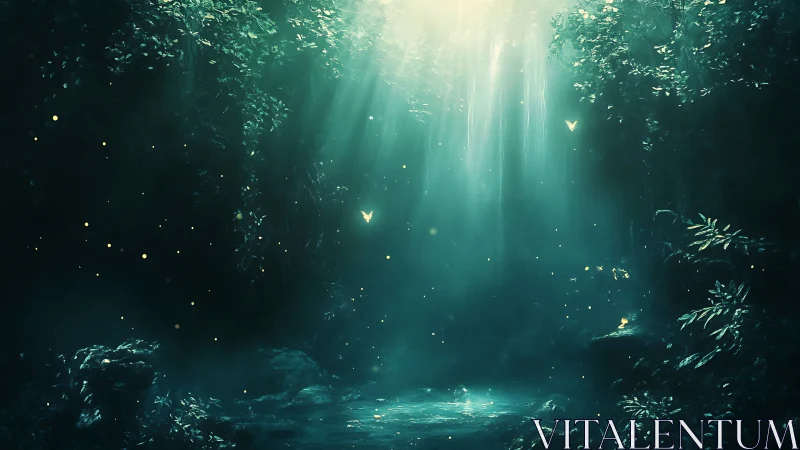 Bioluminescent forest grotto rendered in ethereal teal light