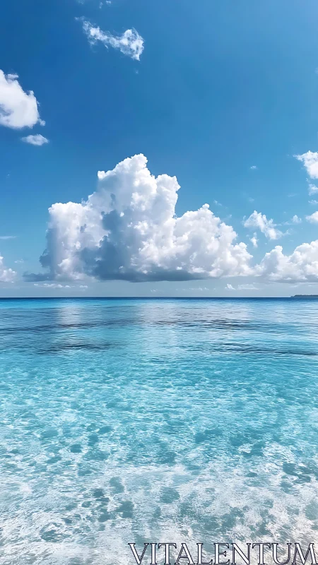 Sunlit turquoise sea under towering cumulus clouds.