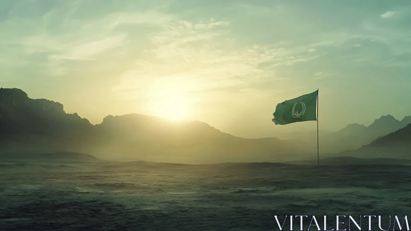 Lone green banner over misted desert plain at sunrise.