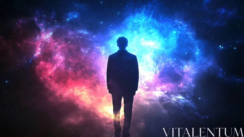 Silhouetted figure before dual colored cosmic nebula field.