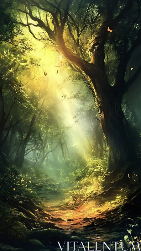 Enchanted Forest Path Bathed in Golden Light.