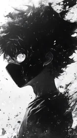 Masked anime silhouette dissolves into inky abstract chaos.