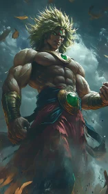 Mythic warrior towers under stormlit swirling clouds