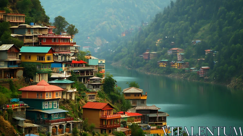 Hillside village buildings overlook narrow green mountain lake