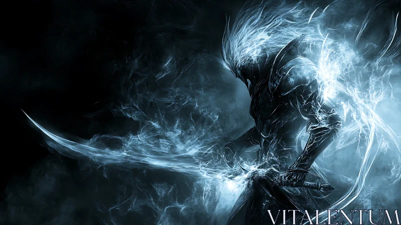 Spectral armored warrior wields glowing energy sword