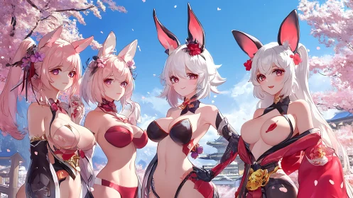 Four stylized bunny-eared women stand before cherry blossoms