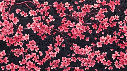 Cherry blossom branches spread across dark textured ground