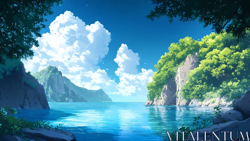 Coastal Cove Digital Landscape with Limestone Formations and Clear Blue Waters.