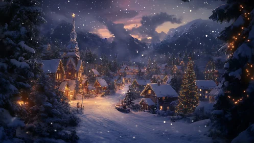 Snow-laden alpine village renders layered bokeh lighting dynamics