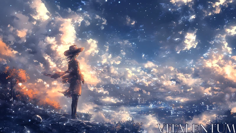 Lone girl on cliff watching luminous night sky cityscape.