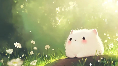 Fluffy white kitten rests in dreamy sunlit forest meadow
