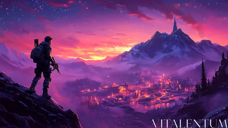 Digital painting of lone scout above neon-lit alpine valley.