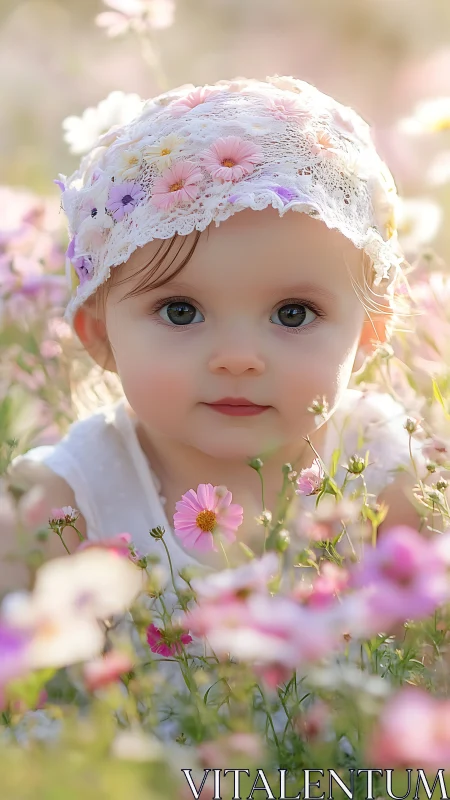 Ethereal Doll Portrait Among Delicate Pink and White Cosmos Flowers