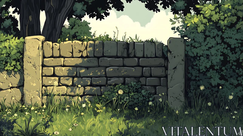 Sunlit stone garden wall framed by dense summer foliage.