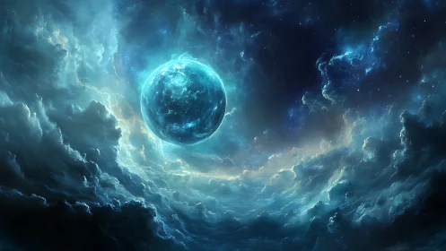 Celestial vortex sphere within luminous storm cloud aperture.