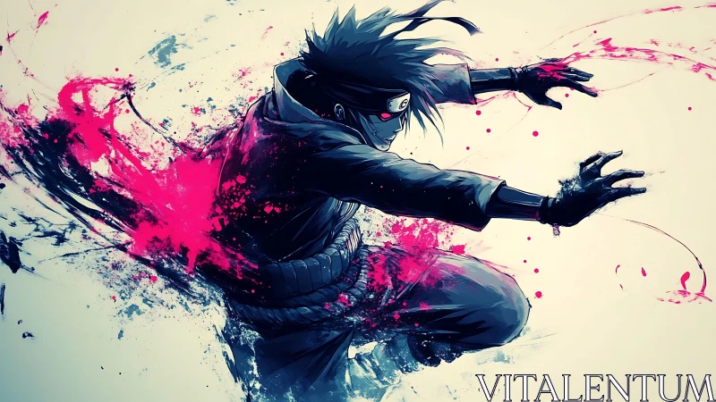 Ninja figure lunges forward through dynamic pink paint