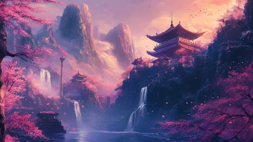 Mountain temples stand above waterfalls under diffuse sunset light