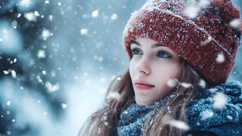 Snow dusted girl in red knit hat under soft winter light.