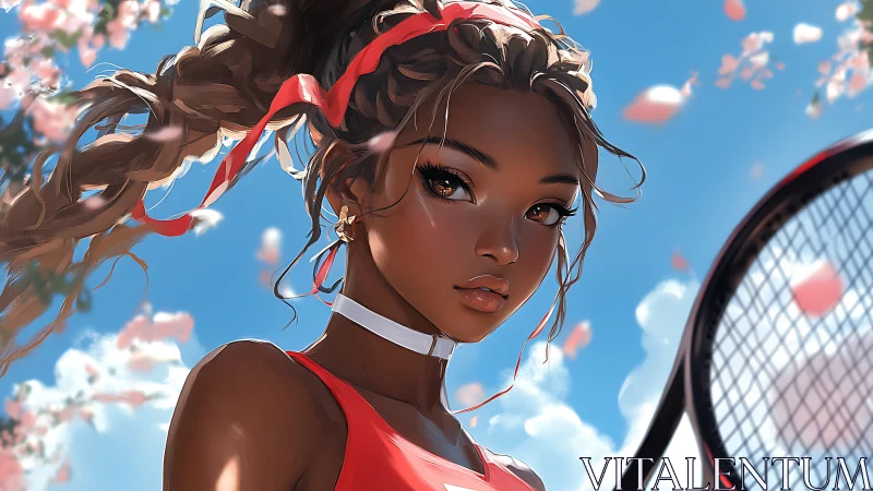 Digital portrait depicts tennis player against blue sky