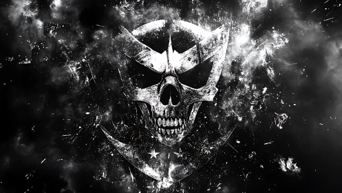 Monochrome skull emblem dissolves into explosive nebular debris