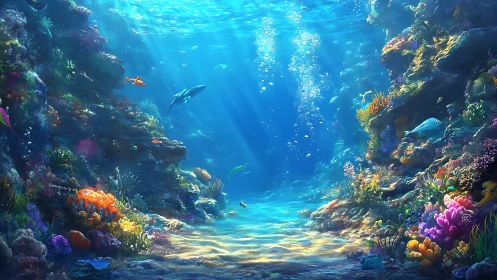 Digital painting seascape with luminous coral canyon composition.