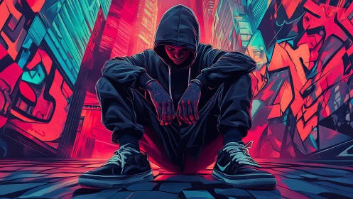 Hooded figure seated in graffiti alleyway at night.